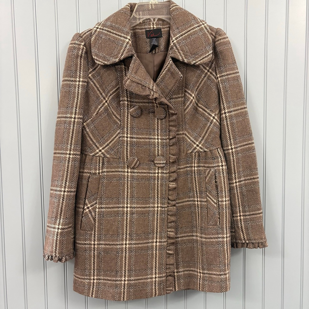 Via Women’s Wool BlendCoat Brown Cream Black Size 6